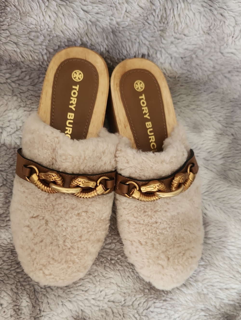 Tory Burch Cream Shearling Mule with Gold Horsebit